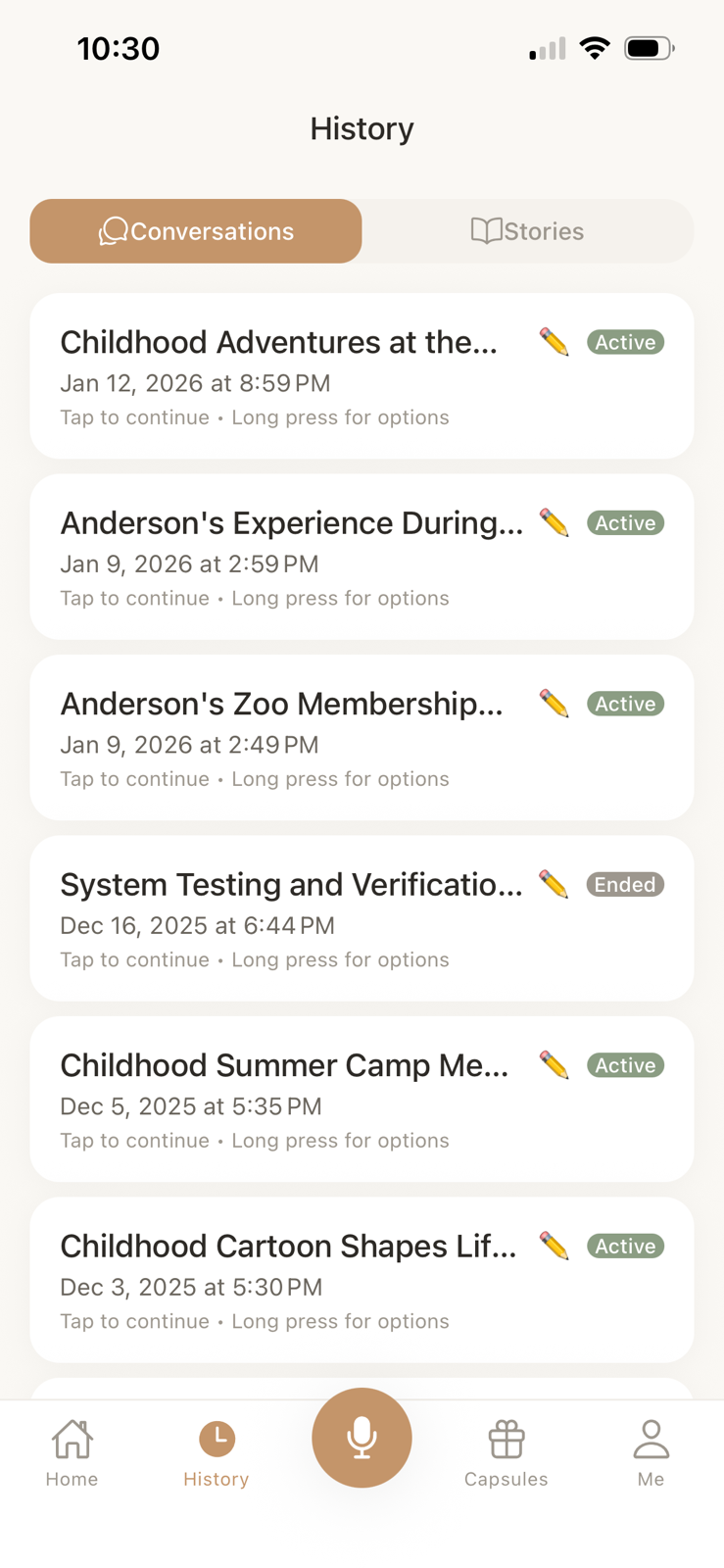 Airloom conversation history — active story threads
