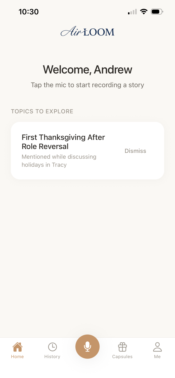 Airloom home screen — tap the mic to start recording a story