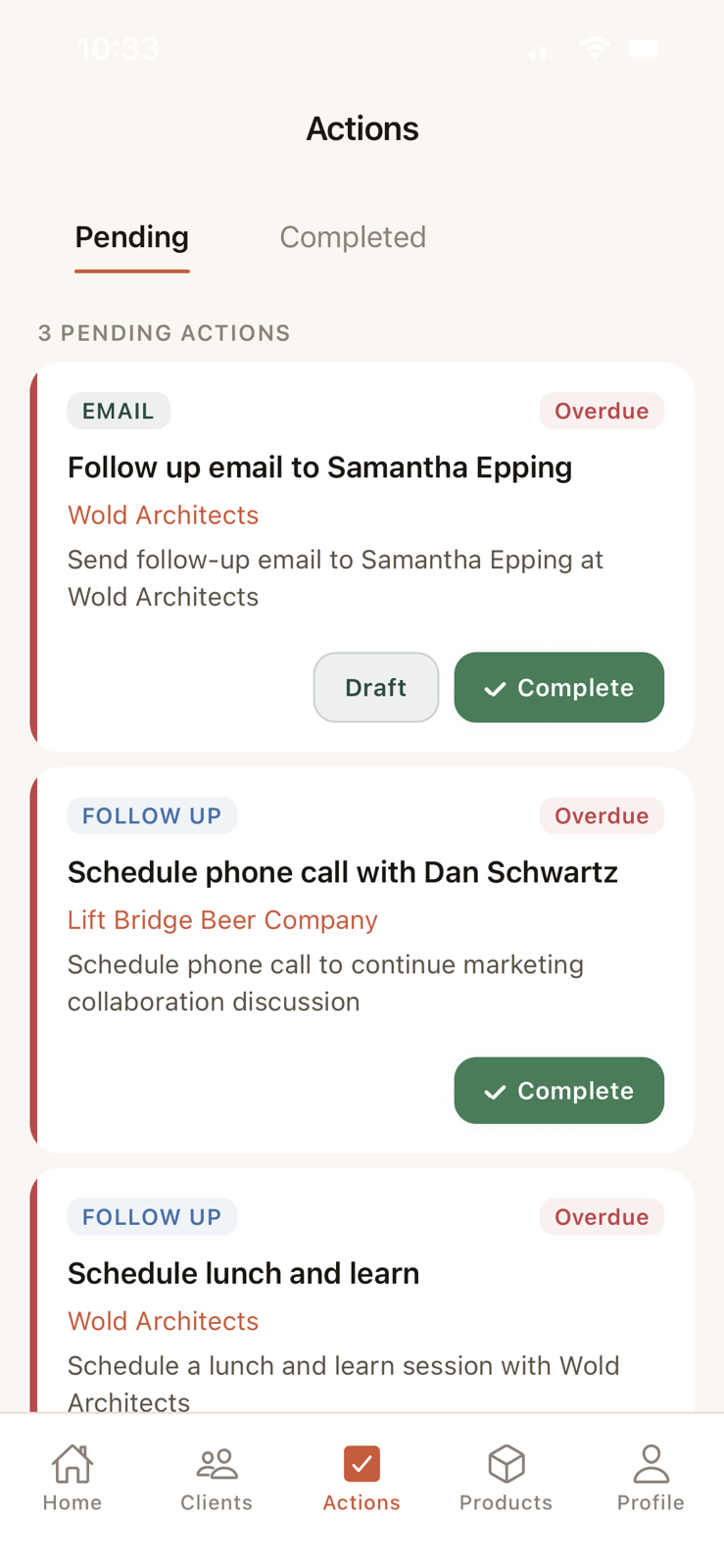 Rapport actions — auto-generated follow-ups from voice memos