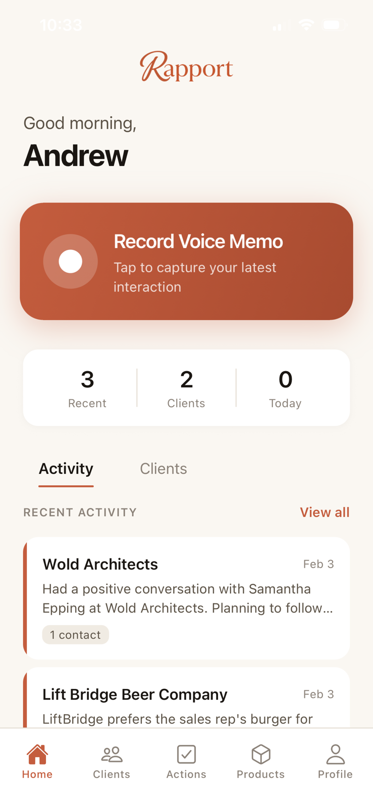 Rapport home screen — record a voice memo and see recent activity